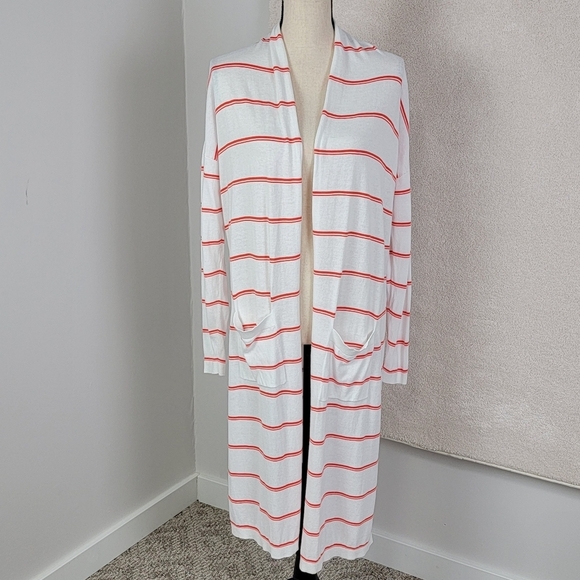 CAbi Orange And White Striped Stroll Long Open Face Cardigan/Duster Sweater Sz M - Picture 5 of 16